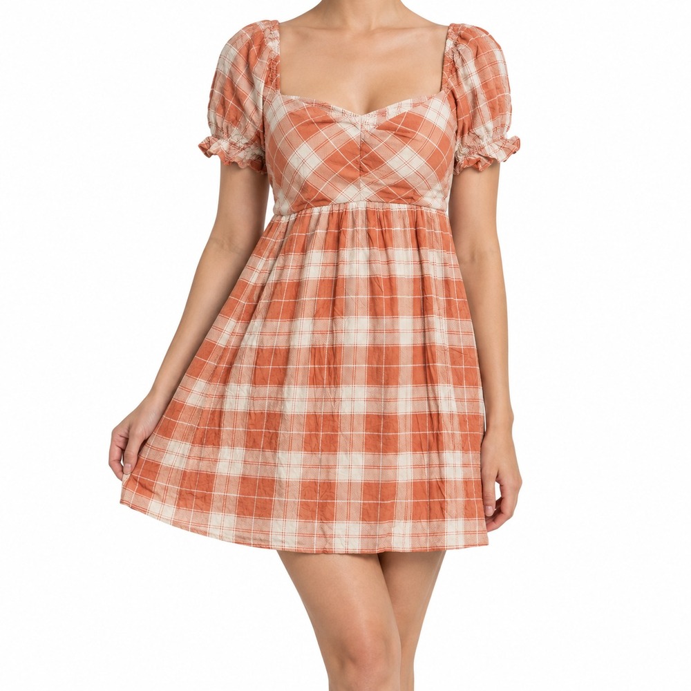 Promesa Mini Dress Women's Medium Coral Orange & White Plaid Sweetheart Neck NWT